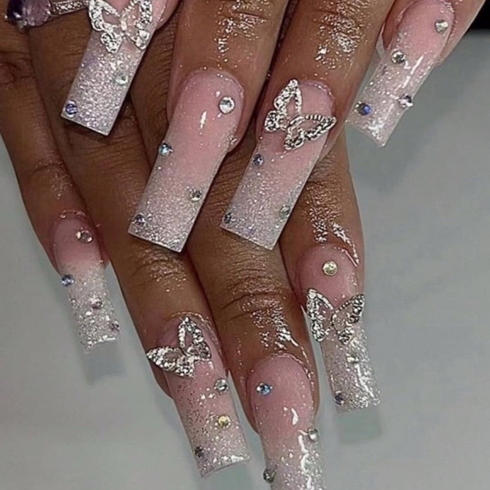 ✨Butterfly Glitter Nails /Long Nails/Rhinestone/ 24 pcs Press On Nails Set
